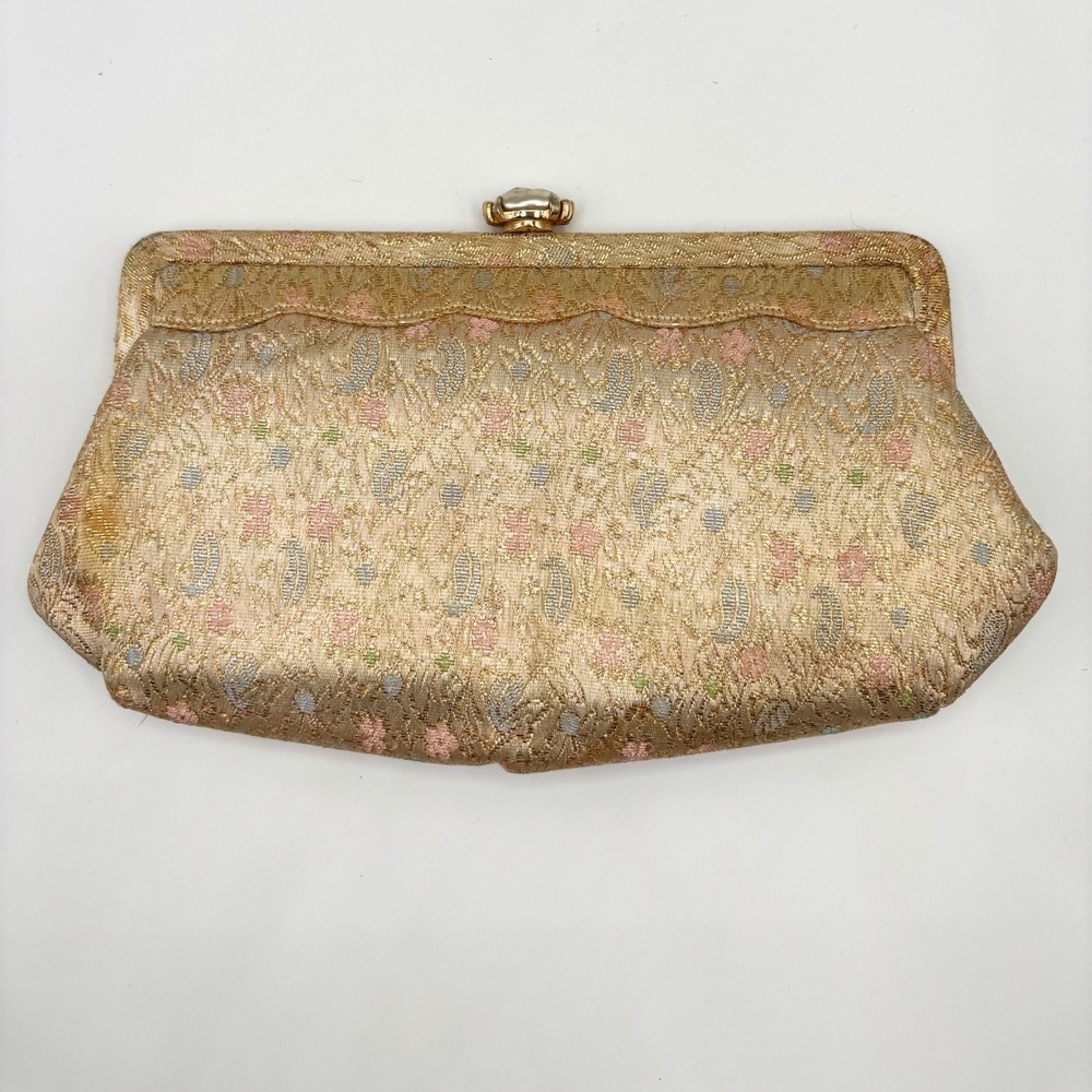 Vintage Morris Moskowitz Gold Brocade Clutch 1950s 60s Floral Evening Bag Pearl